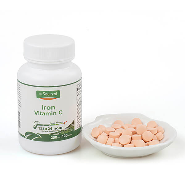 Vitamine C 200 mg avec fer 50 mg 120 comprimés Caplet à libération prolongée facile sur l'estomac et moins de constipation